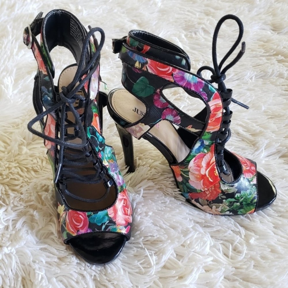 JustFab lace up floral heels